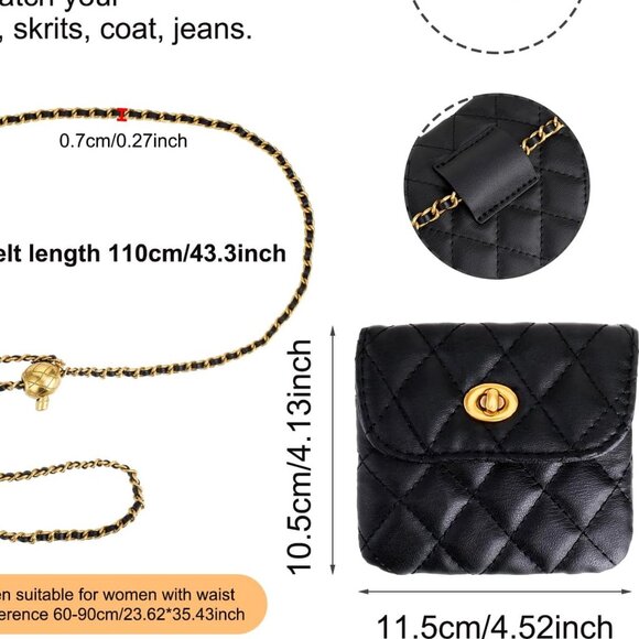 Mini Quilted Chain Crossbody Handbag, Waist Bag Purse Fanny Pack Black - Picture 2 of 7